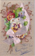 XXX - CARTE FANTAISIE CELLULOID  AVEC AJOUT CHROMO FLEURS PENSEES , RUBAN SATIN ET DORURE - Other & Unclassified