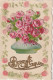 ZY 67- " BONNE ANNEE " - CARTE FANTAISIE GAUFREE - GUIRLANDE DE ROSES - AJOUT CHROMO VASE DE ROSES - 2 SCANS - Nouvel An