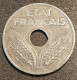 RARE - FRANCE - 20 CENTIMES 1944 - Zinc - Etat Français - Type 20 - Légère - Gad 321 - KM 900.2 - 20 Centimes