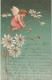 AA+ 35- CARTE FANTAISIE GAUFREE - CHERUBIN SUR TIGE DE MARGUERITE - DORURE ( COEURS ET TIGES ) - Other & Unclassified