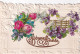 AA+ 129- " BONNE ANNEE " - CARTE FANTAISIE GAUFREE AVEC AJOUT CHROMOS FLEURS ROSES , VIOLETTES ET COLOMBES - New Year