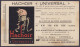 Carte Publicitaire "Hacoir Univresal" (thème Boucherie, Cochon) Imprimé Affr. PREO 1c Pellens Surch. [BRUSSEL /14/ BRUXE - Tipo 1912-14 (Leoni)