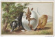 Cpa Ak Pk Gauffrée  Humoristique Illustrée Lapin Sortant De L'oeuf Entre Le Chien Et Le Poussin - 1900-1949