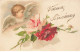 ANGES #MK34487 VOEUX SINCERES DEUX FLEURS ET UN ANGELOT ROSES - Angeles