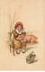 ANIMAUX #SAN47243 UN COCHON POSE SUR UNE FILLETTE ASSISE SUR UN BANC TREFLES A 4 FEUILLES - Pigs