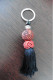 Porte-clé Asie Perle Cinnabre Cinnabar Rouge Sculpté Perle Cristal Et Noeud Bonheur Chinois Rouge & Pompon Noir - Schlüsselanhänger