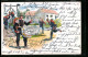 Lithographie Soldaten Durchsuchen Häuser, Trommler Signalisiert Sammeln  - War 1914-18