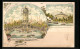 Lithographie Berlin, Gewerbe-Ausstellung 1896, Hauptrestaurant Mit Wasserturm, Alpenfahrt  - Ausstellungen
