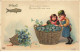 VOEUX #MK52904 1 ER AVRIL POISSON DEUX ENFANTS ET GRAND PANIER REMPLI DE FLEURS MYOSOTIS BLEU - 1 De April (pescado De Abril)