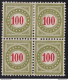 1894-96 Svizzera , Tasse Catalogo Zumstein N. 21E - 100 Verde-oliva QUARTINA */* - Unused Stamps