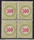 1889-91 Svizzera , Tasse Catalogo Zumstein N. 22D - 500 Verde-oliva QUARTINA - M - Ungebraucht