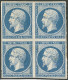 **  No 14Aa, Bleu Foncé Type I, Bloc De Quatre, Superbe - 1853-1860 Napoléon III