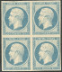 **  No 14Af, Bleu Laiteux, Bloc De Quatre, Très Frais. - TB - 1853-1860 Napoléon III