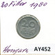 20 FILLER 1980 HUNGRÍA HUNGARY Moneda #AY452.E.A - Hongrie