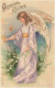 N°24981 - Carte Gaufrée - MSIB 13728 - Gesegnete Ostern - Ange Gardien Entourée De Fleurs Et De Papillons - Pasqua