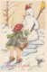Snowman Father Christmas Smoking Pipe & Child W Basket Old Postcard - Altri & Non Classificati