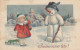 Snowman Father Christmas & Child W Sled Old Postcard - Autres & Non Classés