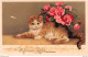 CHATS - CAT - Jolie Carte Fantaisie De Bonne Fête -  Chat Allongé Avec Des Fleurs Roses Cpa 1934 ( ͡◕ ͜ʖ ͡◕) ♦ - Cats