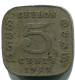 5 CENTS 1912 CEILÁN CEYLON Moneda #AH611.3.E.A - Sonstige – Asien