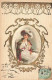 N°25003 - Carte Tissée Soie - Femme Assise Dans Un Médaillon - Donne