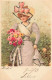 N°25015 - Carte Illustrateur Avec Paillettes - Automne - Femme Avec Un Bouquet De Roses - 1900-1949