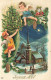 N°25034 - Carte Fantaisie Gaufrée - Joyeux Noël - Angelots Décorant Un Village - Autres & Non Classés