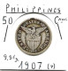 PHILIPPINES  US. Administration  50  Centavos  Eagle  KM171  Année 1907(p)  Ag. 0.750,  . TB+ - Filippine