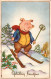 H2160 - Glückwunschkarte Neujahr - Ski Skier Schwein Winterlandschaft - Neujahr
