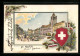 Passepartout-Lithographie Basel, Blick Auf Den Marktplatz, Schweizer Wappen  - Bâle