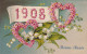 Millesime 1908  Gaufrée Fleurs Coeur Muguet  Embossed Envoi Pasquet Dun Sur Auron - New Year