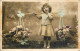 Social History Souvenir Photo Postcard Young Girl Dress Coiffure Flower Baskets - Photographs