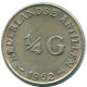 1/4 GULDEN 1962 ANTILLAS NEERLANDESAS PLATA Colonial Moneda #NL11161.4.E.A - Antille Olandesi
