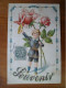 Carte Postale Gaufrée Dorée Souvenir Enfant Rose Fleur Bleue KF éditeurs Série 1017 X - Altri & Non Classificati