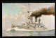 Künstler-AK Christopher Rave: Duitsch Slagschip Kaiser Barbarossa, 1900  - Krieg