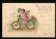 Lithographie Pfingstgruss, Engel Auf Einem Mit Maiglöckchen Geschmückten Fahrrad  - Angeles