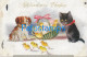 228991 ART ARTE DOG AND CAT BASKET CHICKS BREAK CIRCULATED TO FRANCE POSTAL POSTCARD - Non Classificati