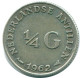 1/4 GULDEN 1962 NIEDERLÄNDISCHE ANTILLEN SILBER Koloniale Münze #NL11135.4.D.A - Antilles Néerlandaises