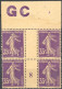 [** B/TB] N° 142d, 35c Violet En Bloc De 4 - Papier GC - Cote: 140€ - 1903-60 Säerin, Untergrund Schraffiert