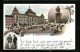 Lithographie Frankfurt A. M., Strassenbahn Am Postgebäude, Kaiser Wilhelm II. Denkmal Im Posthof  - Frankfurt A. Main