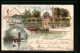 Lithographie Nedlitz, Restaurant-Schweizerhaus, Brücke Bei Mondschein, Uferpartie Mit Dampfer  - Brueck