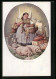 Künstler-AK Friedensengel, Korpulente Bäuerin Mit Vorrat An Mehl, Eiern, Milch Und Schlachtvieh  - War 1914-18