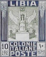 LIBIA 1937 Serie Pittorica 10 Lire Azzurro Oliva Dent. 11 Senza Filigrana (Sassone 145) Catalogo Euro 1.400 - Libya