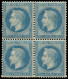 ** FRANCE - Poste - 29B, Bloc De 4, Infime Tache Sur Un Exemplaire, Signé Scheller: 20c. Lauré Bleu - 1863-1870 Napoleon III With Laurels