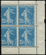 ** FRANCE - Poste - 140d, Type IB, Bloc De 4 De Carnet, 1 Exemplaire "s" De Postes Quasi Absent: 25c. Semeuse Bleu - Unused Stamps