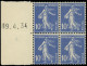 ** FRANCE - Poste - 279a, Type IV, Bloc De 4, Bdf Daté 19/4/34 (roulette): 10c. Semeuse Bleu - Unused Stamps