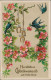 Ansichtskarte  Schwalben, Hufeisen Blumen 1915 Goldrand - Birthday