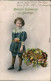 Glückwunsch Geburtstag - Kind Mit Blumenwagen, Hufeisen 1912 Goldrand - Birthday