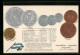 AK Argentinien, Nationalflagge Und Argentinische Münzen Mit Umrechnungstabelle  - Münzen (Abb.)