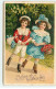 Carte Gaufrée - Bonne Et Heureuse Fête - Couple Portant Des Paniers Remplis De Fleurs, En Patins à Roulettes - Other & Unclassified