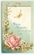 Carte Gaufrée - Heureux Anniversaire - Papillon Volant Au-dessus D'une Rose Et De Fleurs - Geburtstag